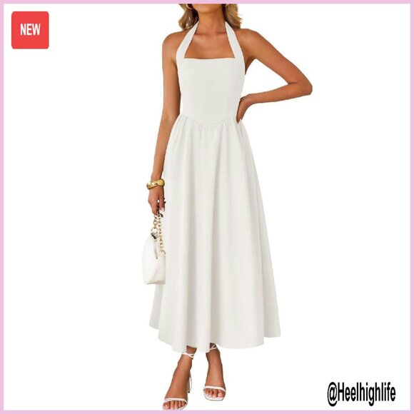 Sleeveless Halter Midi Dress Off Shoulder High Waist Flowy Beach Wedding  Guest